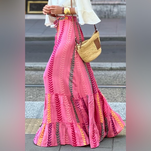 Pink Boho Printed Tasseled Drawstring Ruffled Maxi Skirt - Picture 2 of 10